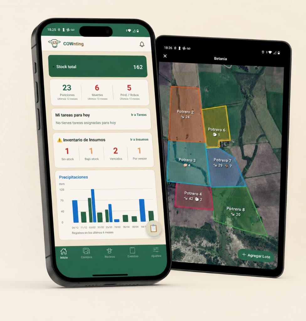 COWnting en el celular: panel de inicio y mapa de potreros